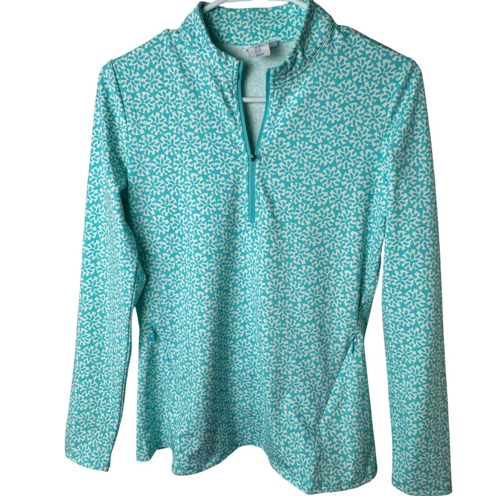 Sigrid Olsen Pullover Women XS Turquoise Floral Quarter Zip Golf Tennis Top